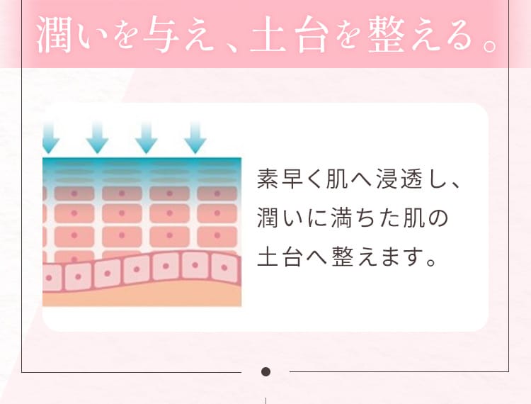 潤いを与え、土台を整える。 素早く肌へ浸透し、潤いに満ちた肌の土台へ整えます。