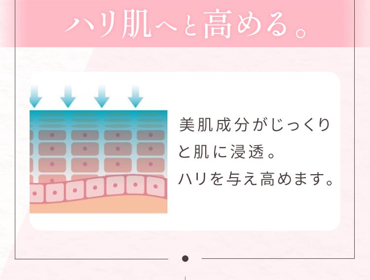 ハリ肌へと高める。美肌成分がじっくりと肌に浸透。ハリを与え高めます。